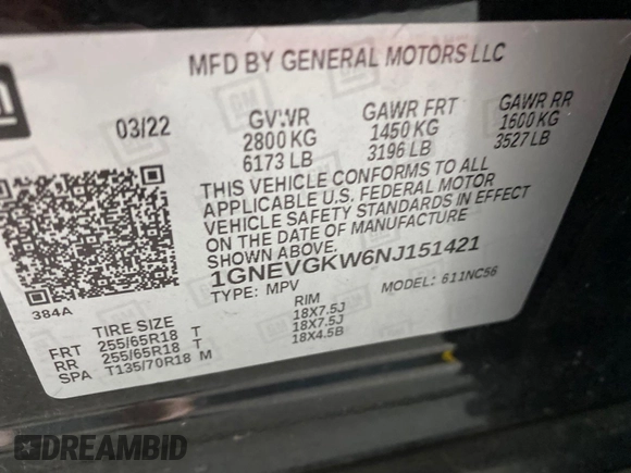 2022 Chevrolet Traverse LT Cloth с VIN 1GNEVGKW6NJ151421, выставлен на аукционе IAAI как лот 42788988 с пробегом 81 823 миль миль и . История ставок и продаж доступна на DreamBid. Изображение 2.