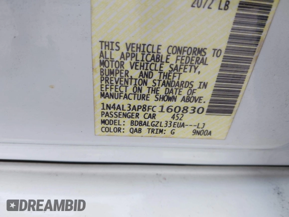 2015 Nissan Altima 2.5 S with VIN 1N4AL3AP8FC160830, listed as a IAAI auction lot 41561952 with 209,134 mi miles. Bid and sale history available at carsss.com. Image 9.
