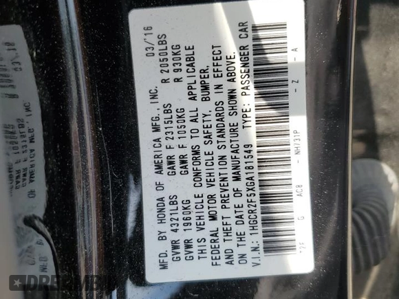 2016 Honda Accord Sport with VIN 1HGCR2F5XGA181549, listed as a Copart auction lot 59632005 with 170,228 mi miles and Salvage title. Bid and sale history available at DreamBid. Image 13.