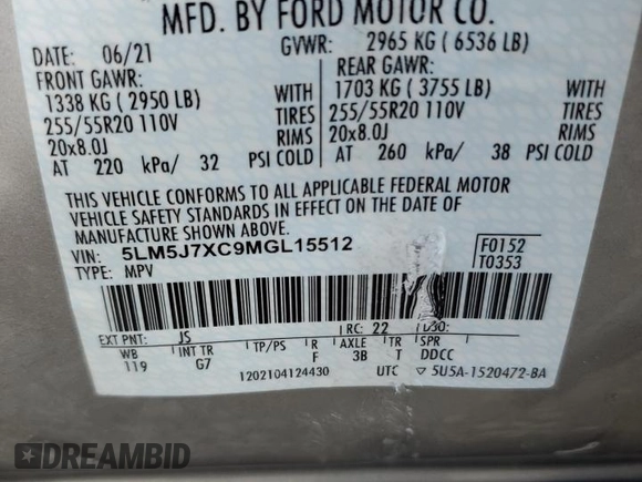 2021 Lincoln Aviator Reserve with VIN 5LM5J7XC9MGL15512, listed as a Copart auction lot 58562285 with 22,130 mi miles and Salvage title. Bid and sale history available at DreamBid. Image 13.