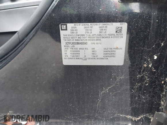 2011 GMC Terrain SLT-2 with VIN 2CTFLXE55B6400343, listed as a IAAI auction lot 41917669 with 202,865 mi miles. Bid and sale history available at carsss.com. Image 9.