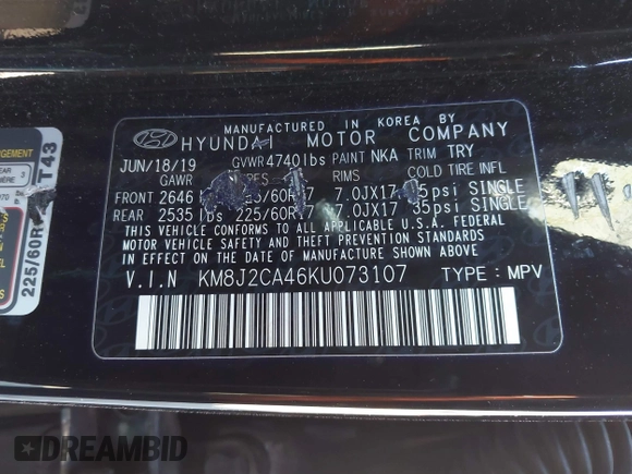 2019 Hyundai Tucson SE with VIN KM8J2CA46KU073107, listed as a IAAI auction lot 41648453 with 58,417 mi miles. Bid and sale history available at carsss.com. Image 9.