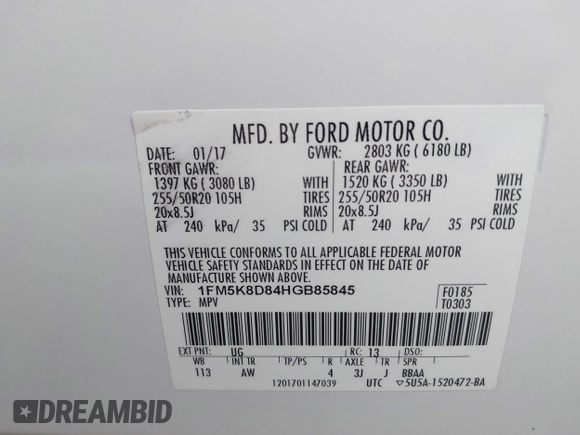 2017 Ford Explorer XLT z VIN 1FM5K8D84HGB85845, wystawiony jako IAAI lot #42342199 z przebiegiem 86 378 mil mil oraz . Historia ofert i sprzedaży dostępna na DreamBid. Obrazek 9.
