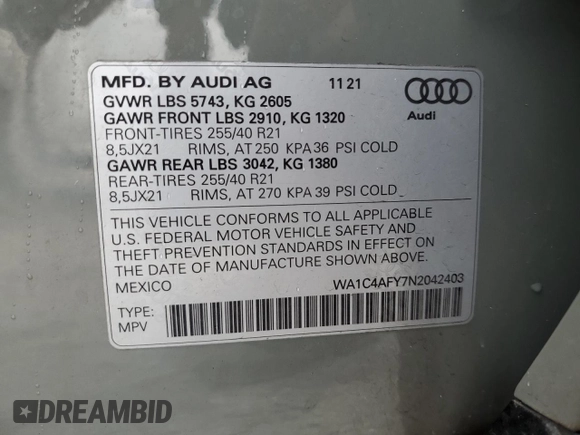 2022 Audi SQ5 Prestige with VIN WA1C4AFY7N2042403, listed as a Copart auction lot 76625154 with 48,871 mi miles and Salvage Title. Bid and sale history available at carsss.com. Image 13.