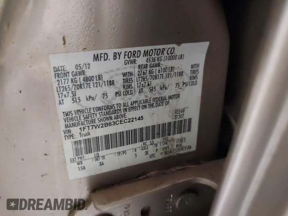 2012 Ford F-250 XL с VIN 1FT7W2B63CEC22145, выставлен на аукционе IAAI как лот 41948909 с пробегом 166 371 миль миль и . История ставок и продаж доступна на DreamBid. Изображение 9.