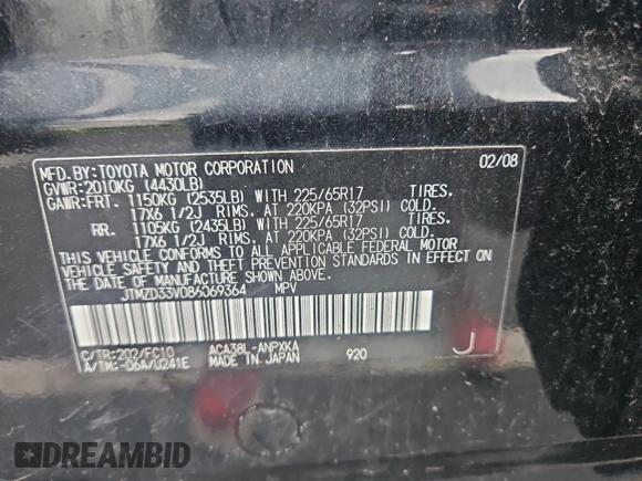 2008 Toyota RAV4 with VIN JTMZD33V086069364, listed as a Copart auction lot 55297735 with 155,909 mi miles and Clean Title. Bid and sale history available at carsss.com. Image 10.