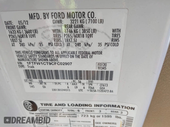 2012 Ford F-150 XL with VIN 1FTFW1CT9CFC02907, listed as a IAAI auction lot 41676633 with 126,192 mi miles. Bid and sale history available at carsss.com. Image 9.