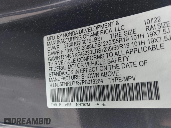 2023 Honda Odyssey Touring с VIN 5FNRL6H87PB019264, выставлен на аукционе IAAI как лот 42198877 с пробегом 39 948 миль миль и . История ставок и продаж доступна на DreamBid. Изображение 9.