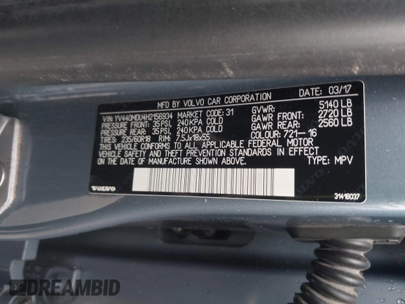 2017 Volvo XC60 Inscription с VIN YV440MDU4H2156934, выставлен на аукционе IAAI как лот 41911269 с пробегом 109 030 миль миль и . История ставок и продаж доступна на DreamBid. Изображение 9.