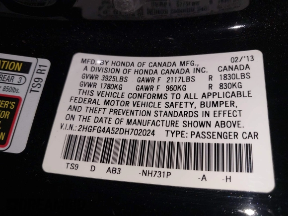 2013 Honda Civic Si with VIN 2HGFG4A52DH702024, listed as a IAAI auction lot 42527107 with 76,752 mi miles and . Bid and sale history available at DreamBid. Image 9.