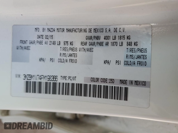 2015 Mazda 3 i Touring with VIN 3MZBM1V74FM198366, listed as a Copart auction lot 49801205 with 407,339 mi miles and Clean Title. Bid and sale history available at DreamBid. Image 12.