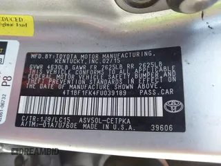 2015 Toyota Camry XLE with VIN 4T1BF1FK4FU039189, listed as a IAAI auction lot 41283052 with Not Provided miles and . Bid and sale history available at DreamBid. Image 9.