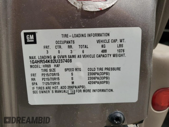 2002 Buick LeSabre Limited with VIN 1G4HR54K82U237408, listed as a Copart auction lot 54768295 with Not provided miles and Salvage title. Bid and sale history available at DreamBid. Image 12.