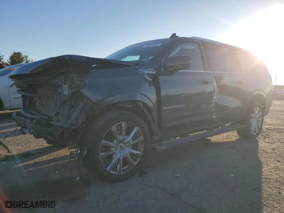 2021 Chevrolet Suburban High Country with VIN 1GNSKGKL0MR100370, listed as a Copart auction lot 42916425 with 100,541 mi miles and Salvage Title. Bid and sale history available at carsss.com. Image 1.