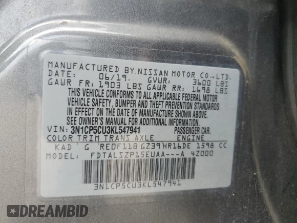 2019 Nissan Kicks S z VIN 3N1CP5CU3KL547941, wystawiony jako Copart lot #55298245 z przebiegiem 136 714 mil mil oraz Szkoda całkowita • Salvage title. Historia ofert i sprzedaży dostępna na DreamBid. Obrazek 12.