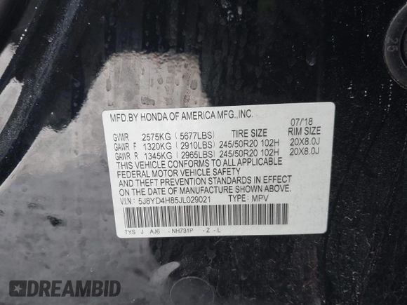2018 Acura MDX Advance with VIN 5J8YD4H85JL029021, listed as a IAAI auction lot 41376977 with Not Provided miles and . Bid and sale history available at carsss.com. Image 9.