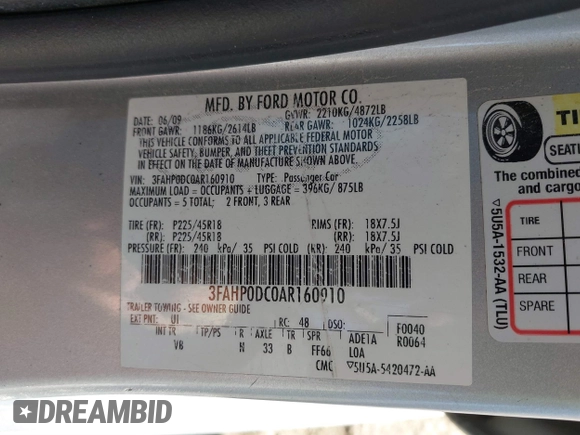 2010 Ford Fusion SPORT with VIN 3FAHP0DC0AR160910, listed as a IAAI auction lot 41327468 with 222,684 mi miles. Bid and sale history available at carsss.com. Image 9.