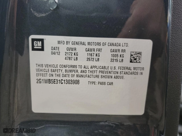 2012 Chevrolet Impala LT Retail with VIN 2G1WB5E31C1303908, listed as a Copart auction lot 53192375 with 90,933 mi miles and Salvage Title. Bid and sale history available at carsss.com. Image 12.