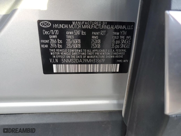 2021 Hyundai Santa Fe SEL with VIN 5NMS2DAJ9MH313619, listed as a Copart auction lot 87910095 with 108,680 mi miles and Salvage Title. Bid and sale history available at carsss.com. Image 13.