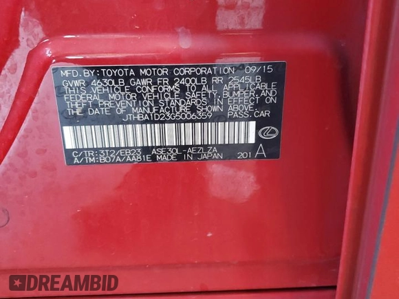 2016 Lexus IS 200t with VIN JTHBA1D23G5006359, listed as a Copart auction lot 63220385 with 99,311 mi miles and Salvage title. Bid and sale history available at DreamBid. Image 12.