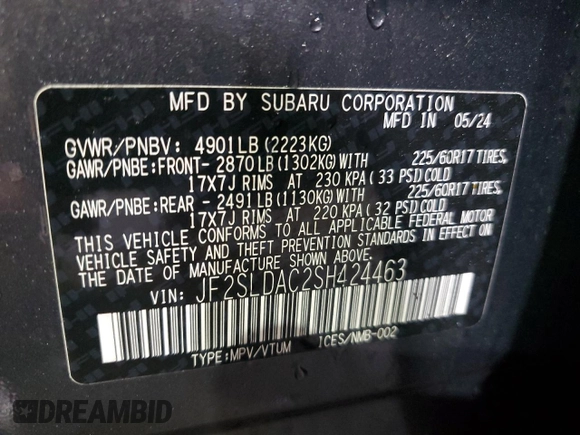 2025 Subaru Forester with VIN JF2SLDAC2SH424463, listed as a Copart auction lot 43462085 with 4,458 mi miles and Salvage title. Bid and sale history available at DreamBid. Image 13.