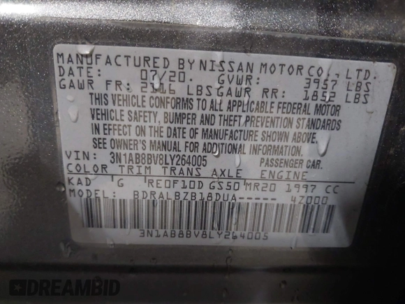 2020 Nissan Sentra S with VIN 3N1AB8BV8LY264005, listed as a IAAI auction lot 42196148 with 63,192 mi miles. Bid and sale history available at carsss.com. Image 9.