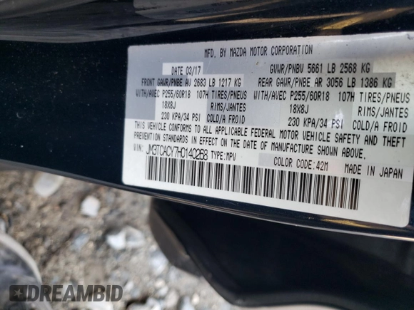 2017 Mazda CX-9 Touring with VIN JM3TCACY7H0140268, listed as a Copart auction lot 60982885 with 157,656 mi miles and Salvage title. Bid and sale history available at DreamBid. Image 12.