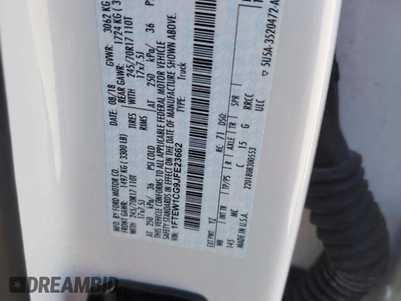 2018 Ford F-150 XL с VIN 1FTEW1CG9JFE23662, выставлен на аукционе Copart как лот 49213735 с пробегом 141 824 миль миль и Чистый • Clean title. История ставок и продаж доступна на DreamBid. Изображение 12.