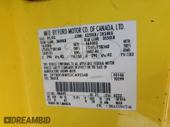 2003 Ford F-150 XL z VIN 2FTRX18W53CA92348, wystawiony jako Copart lot #56222285 z przebiegiem 266 068 mil mil oraz Szkoda całkowita • Salvage title. Historia ofert i sprzedaży dostępna na DreamBid. Obrazek 12.