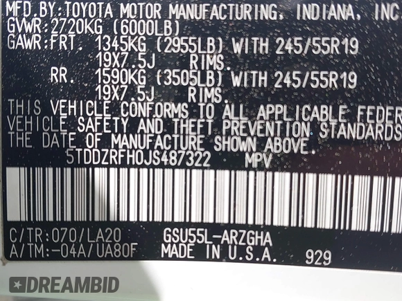 2018 Toyota Highlander Limited with VIN 5TDDZRFH0JS487322, listed as a IAAI auction lot 42501659 with 72,212 mi miles and . Bid and sale history available at DreamBid. Image 9.
