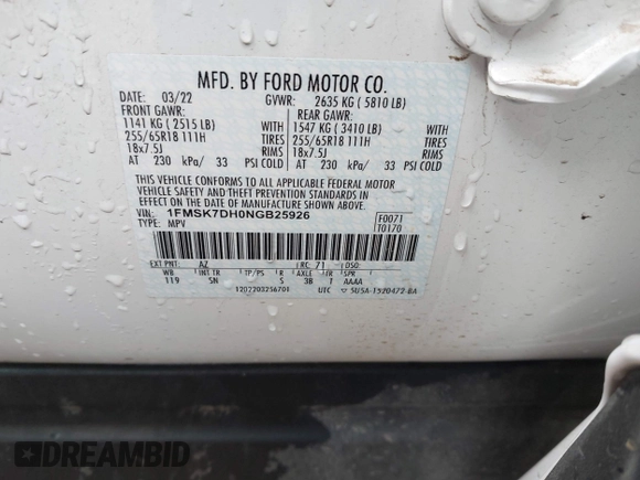 2022 Ford Explorer XLT z VIN 1FMSK7DH0NGB25926, wystawiony jako IAAI lot #42181595 z przebiegiem 15 063 mil mil oraz . Historia ofert i sprzedaży dostępna na DreamBid. Obrazek 9.