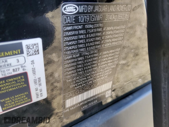 2020 Land Rover Range Rover HSE with VIN SALGS2RU0LA587656, listed as a Copart auction lot 54512025 with 92,497 mi miles and Clean Title. Bid and sale history available at DreamBid. Image 13.