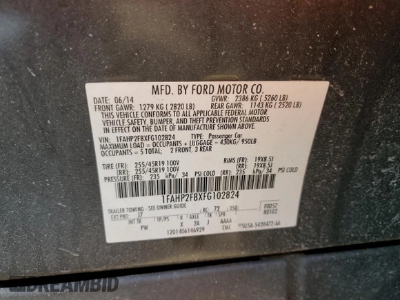 2015 Ford Taurus Limited with VIN 1FAHP2F8XFG102824, listed as a Copart auction lot 49475335 with 206,394 mi miles and Salvage Title. Bid and sale history available at DreamBid. Image 12.