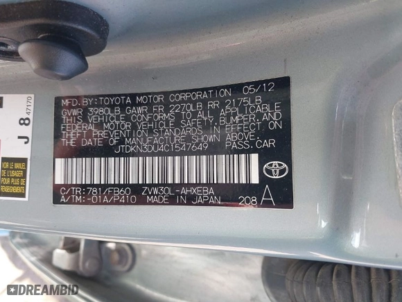 2012 Toyota Prius One with VIN JTDKN3DU4C1547649, listed as a IAAI auction lot 41991174 with 107,886 mi miles. Bid and sale history available at carsss.com. Image 9.