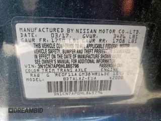 2017 Nissan Versa S Plus with VIN 3N1CN7AP0HL865796, listed as a Copart auction lot 58042775 with 53,424 mi miles and Salvage title. Bid and sale history available at DreamBid. Image 13.