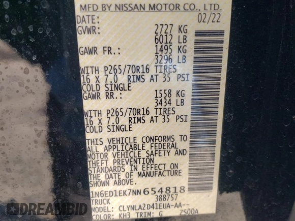 2022 Nissan Frontier S с VIN 1N6ED1EK7NN654818, выставлен на аукционе Copart как лот 48672005 с пробегом 41 771 миль миль и Списание • Salvage title. История ставок и продаж доступна на DreamBid. Изображение 13.