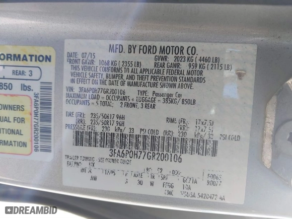 2016 Ford Fusion SE with VIN 3FA6P0H77GR200106, listed as a IAAI auction lot 41841087 with 201,352 mi miles. Bid and sale history available at carsss.com. Image 9.