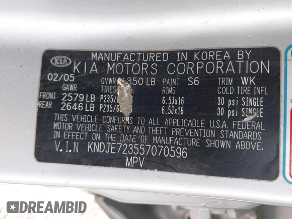 2005 Kia Sportage LX with VIN KNDJE723557070596, listed as a IAAI auction lot 42008414 with 215,204 mi miles and . Bid and sale history available at carsss.com. Image 9.