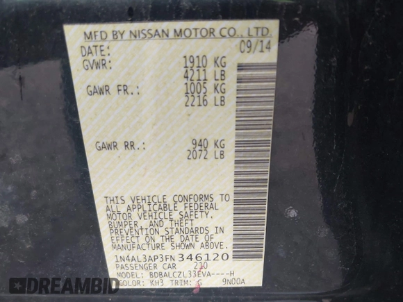 2015 Nissan Altima S z VIN 1N4AL3AP3FN346120, wystawiony jako IAAI lot #42386980 z przebiegiem 148 205 mil mil oraz . Historia ofert i sprzedaży dostępna na DreamBid. Obrazek 9.
