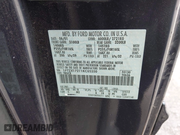 2001 Ford F-150 XL with VIN 1FTZX17211KC05350, listed as a IAAI auction lot 42027246 with 276,822 mi miles and . Bid and sale history available at DreamBid. Image 9.