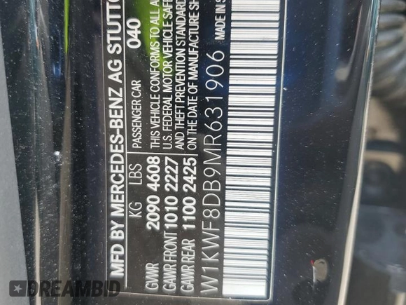 2021 Mercedes-Benz C 300 with VIN W1KWF8DB9MR631906, listed as a Copart auction lot 62200335 with 48,267 mi miles and Salvage title. Bid and sale history available at DreamBid. Image 12.