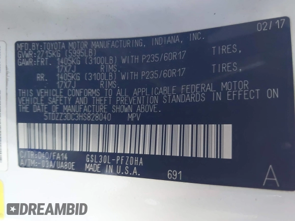 2017 Toyota Sienna L with VIN 5TDZZ3DC3HS828040, listed as a IAAI auction lot 41824384 with 76,159 mi miles. Bid and sale history available at carsss.com. Image 9.