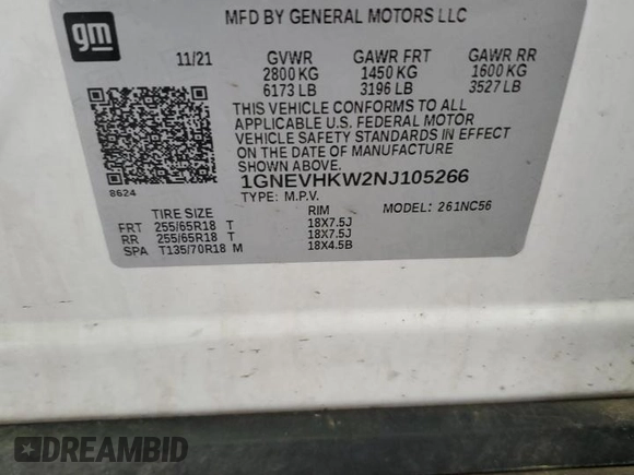 2022 Chevrolet Traverse LT z VIN 1GNEVHKW2NJ105266, wystawiony jako Copart lot #57639415 z przebiegiem 97 798 mil mil oraz Czysty tytuł • Clean title. Historia ofert i sprzedaży dostępna na DreamBid. Obrazek 13.