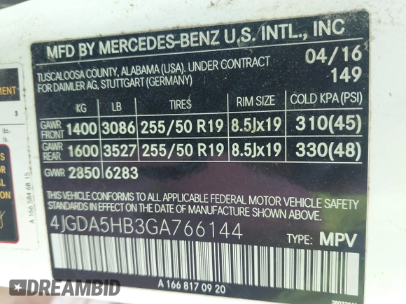 2016 Mercedes-Benz GLE 350 with VIN 4JGDA5HB3GA766144, listed as a IAAI auction lot 42038379 with 102,431 mi miles and . Bid and sale history available at DreamBid. Image 9.