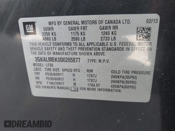 2013 GMC Terrain SLE with VIN 2GKALMEK0D6285877, listed as a IAAI auction lot 41892832 with 138,829 mi miles. Bid and sale history available at carsss.com. Image 9.
