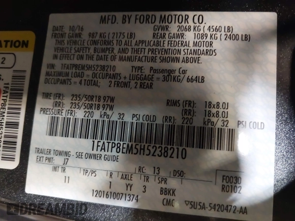 2017 Ford Mustang V6 with VIN 1FATP8EM5H5238210, listed as a IAAI auction lot 41983430 with 18,792 mi miles and . Bid and sale history available at carsss.com. Image 9.