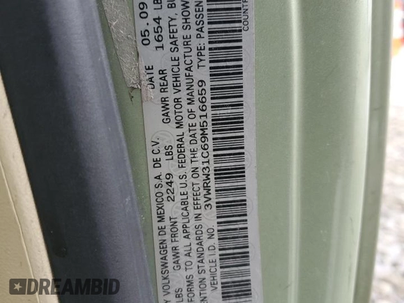 2009 Volkswagen Beetle S with VIN 3VWRW31C69M516659, listed as a Copart auction lot 42524175 with 195,836 mi miles and Salvage Title. Bid and sale history available at DreamBid. Image 12.