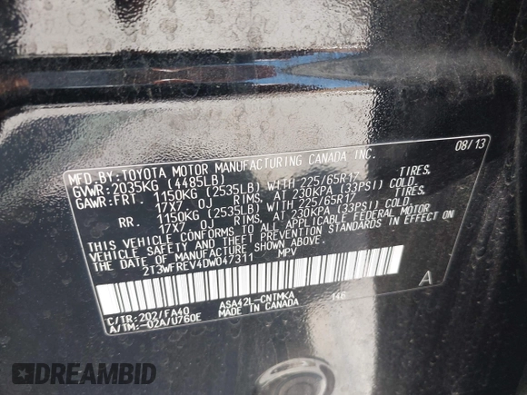 2013 Toyota RAV4 XLE with VIN 2T3WFREV4DW047311, listed as a IAAI auction lot 42294250 with 44,678 mi miles and . Bid and sale history available at DreamBid. Image 9.