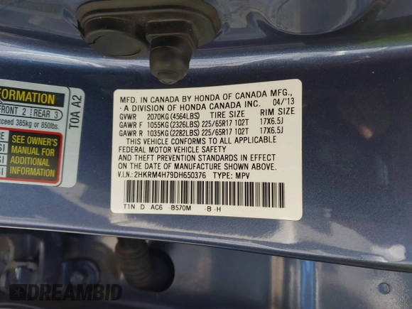 2013 Honda CR-V EX-L with VIN 2HKRM4H79DH650376, listed as a IAAI auction lot 42405752 with 216,225 mi miles and . Bid and sale history available at DreamBid. Image 9.