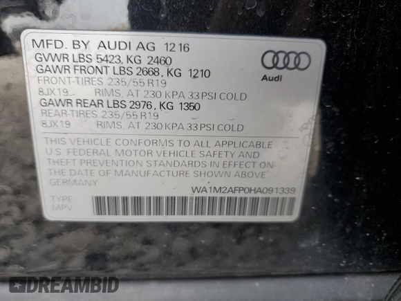 2017 Audi Q5 Premium Plus z VIN WA1M2AFP0HA091339, wystawiony jako Copart lot #43940455 z przebiegiem 103 906 mil mil oraz Szkody całkowita. Historia ofert i sprzedaży dostępna na DreamBid. Obrazek 12.